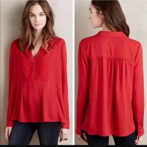 Women's Anthropologie Maeve V-Neck Long Sleeve Popover Blouse Top Red Size 0